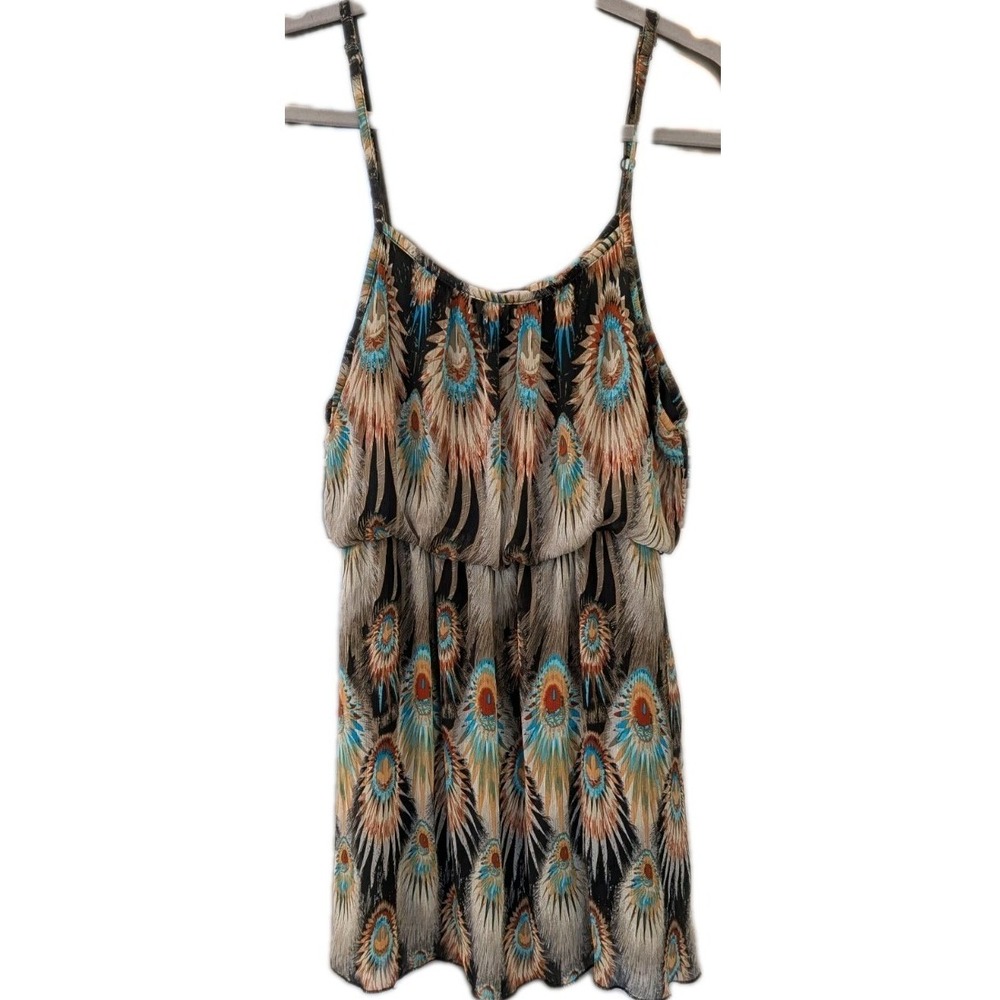 Wetseal M Blouson Dress Peacock Feathers Lined Sheer Overlay Mini Tank Festival
